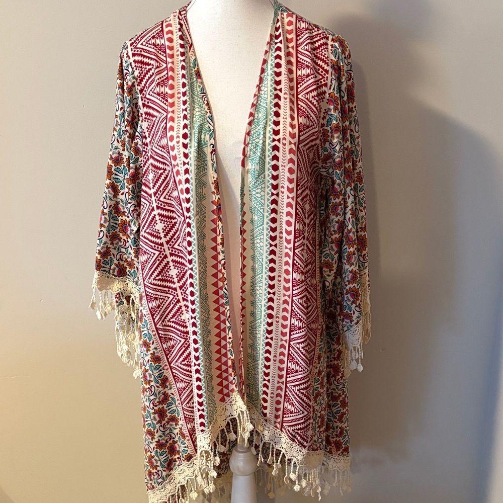 Design Lab Bohemian Multicolor Kimono with Fringe. Size Medium